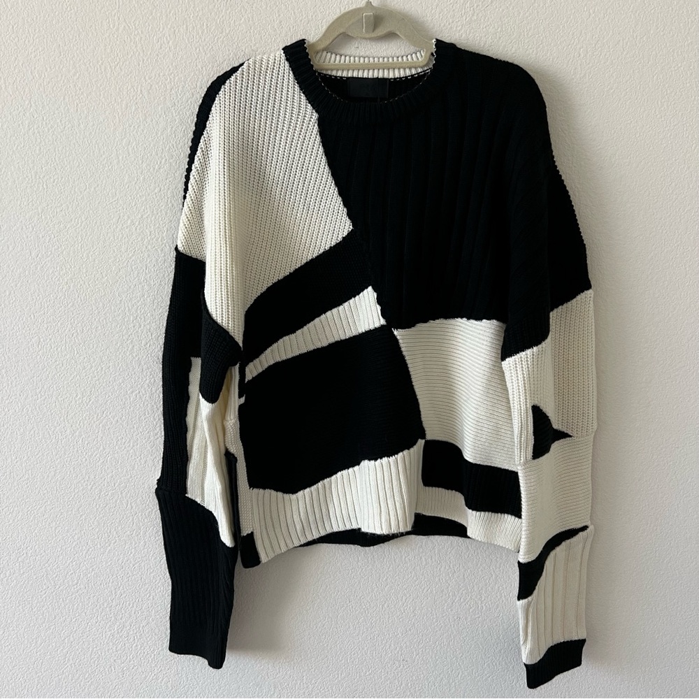 NWT RtA Aimee Wool Blend Geometric Colorblock Knit Sweater Black White Size L - Picture 8 of 16